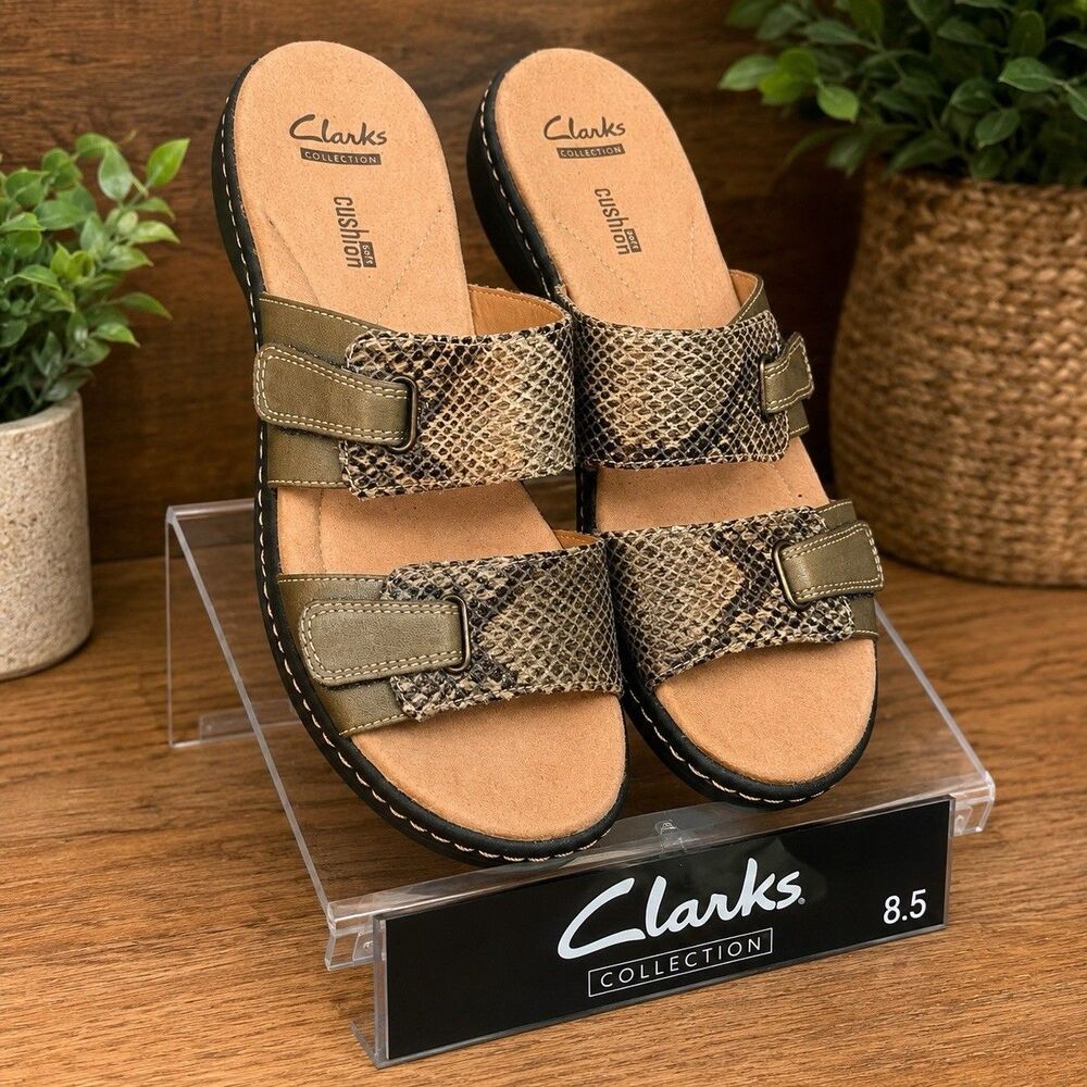 Clarks Collection Delana Fenela Wedge Heel Sandal Green Tan Snakeskin Women’s